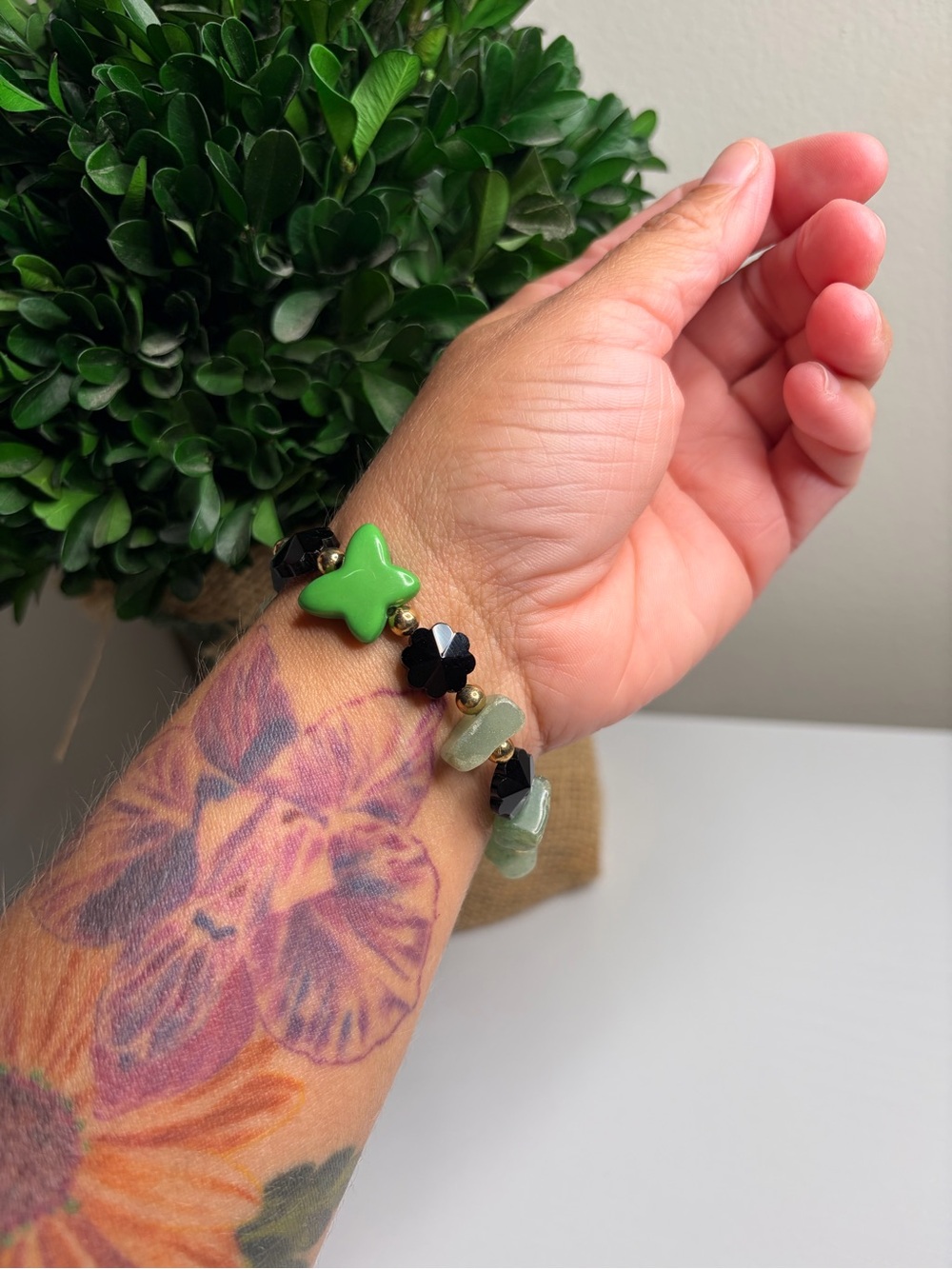 Handcrafted Green, Black, and Gold Stretch Bracelet